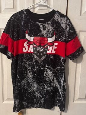 Rsine Men's Savage 23 Jordan Chicago Bulls Marbled Black and Red - Size Lg